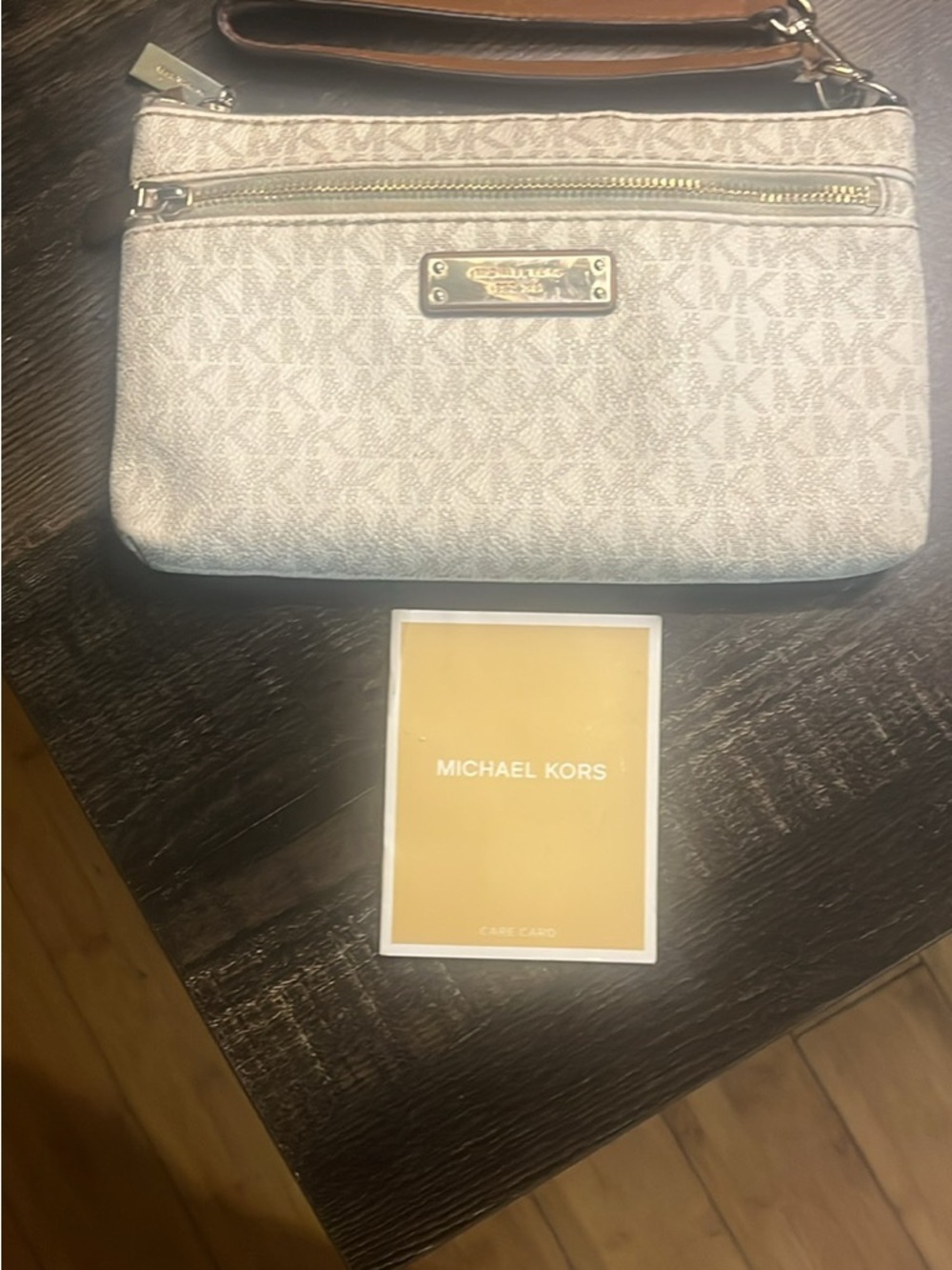 Michael Kors Beige Leather-Trim Wristlet with Gold Hardware